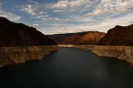 Lake Mead in July 2021&mdash;the lighter colored rocks indicate&nbsp;how high water levels used to be. Last summer, the lake was filled to just 27 percent of capacity, its lowest water levels since 1937.