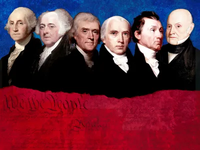 William E. Leuchtenburg's new book spotlights (from left to right) George Washington, John Adams, Thomas Jefferson, James Madison, James Monroe and John Quincy Adams.