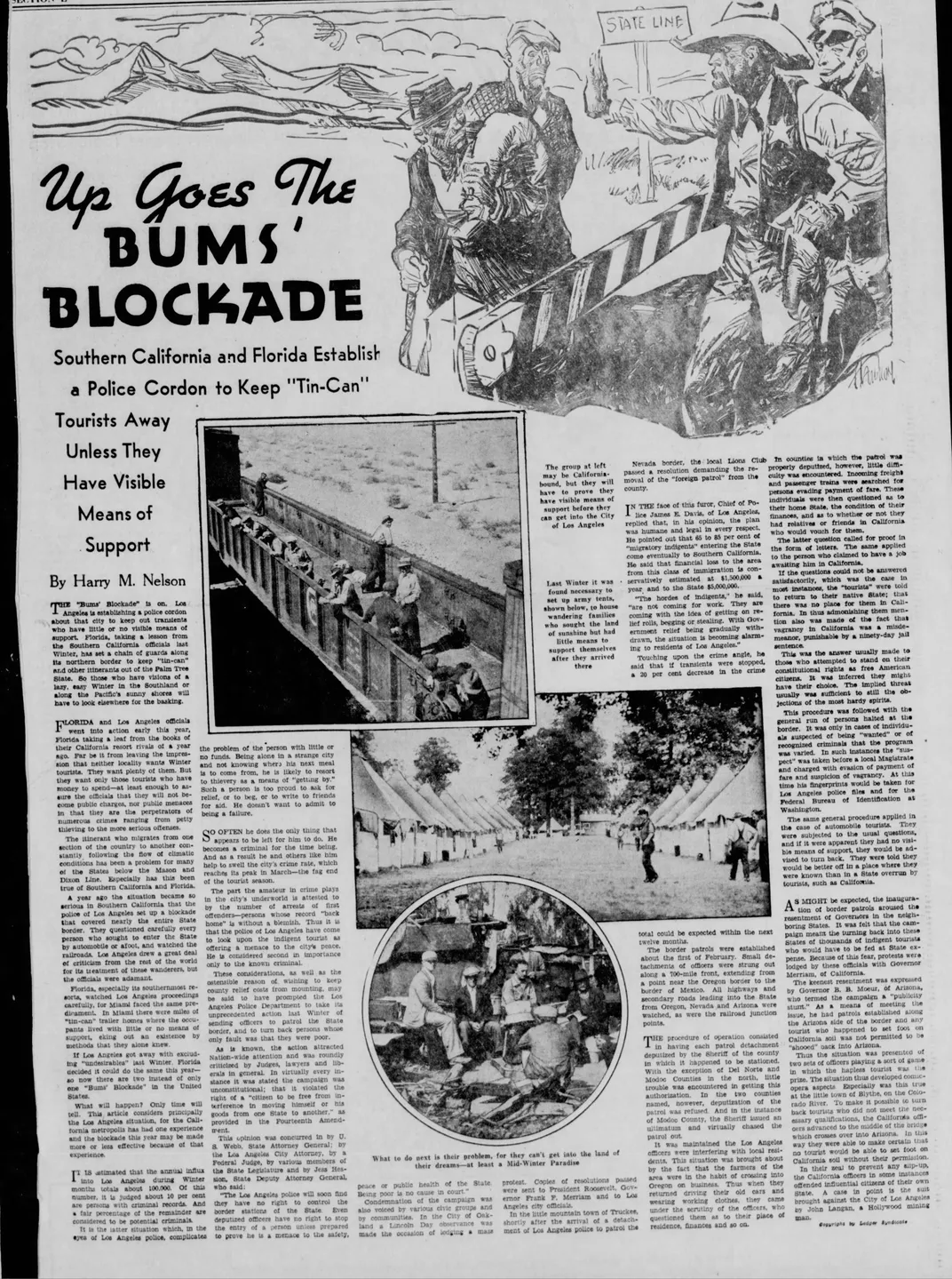 A December 1936 newspaper article about the Los Angeles "Bum Blockade"