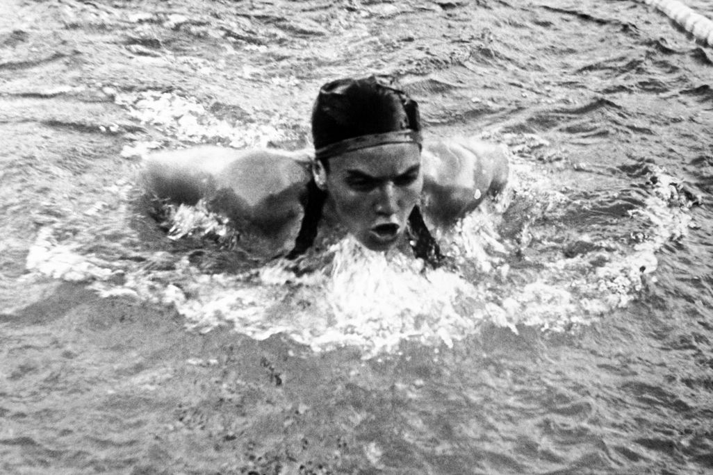 Éva Székely swims the 200-meter breaststroke at the Olympics