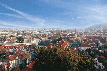 This panoramic view of Prague was taken from one of three ballustraded balconies of the Lobkowicz Palace.