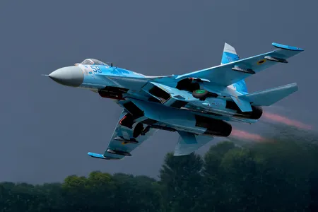 A Ukrainian Sukhoi Su-27 lifts off at a 2017 airshow in the U.K. The Su-27 is Ukraine’s long arm, an offensive fighter with great range and the capacity to carry nearly 10,000 pounds of bombs, rockets, and missiles.