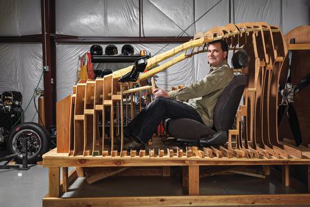 Sam Bousfield, pictured here in a mock-up of the Switchblade, worked with Boeing engineers refining wind-tunnel construction before launching Samson Motorworks.