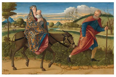 Vittore Carpaccio's Flight Into Egypt, c. 1515, depicts a scene from the Gospel of Matthew, in which Mary and Joseph flee the wrath of King Herod.