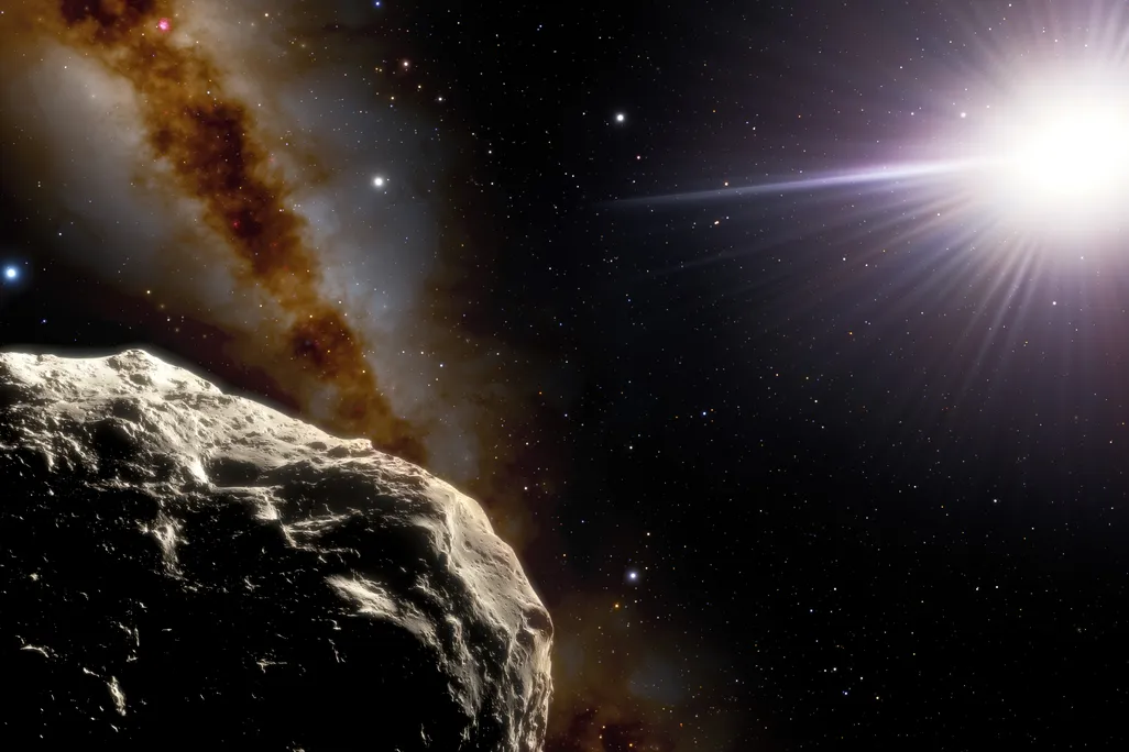 An artist's rendition of an asteroid with the sun shining behind it