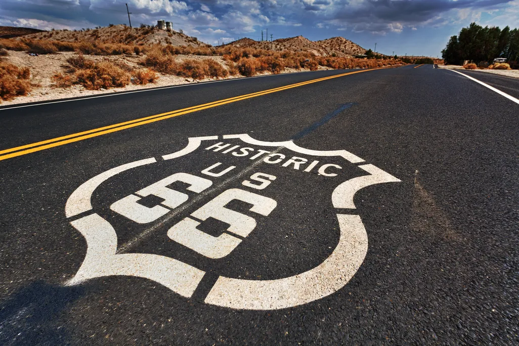 Historic U.S. Route 66 written in white paint on highway