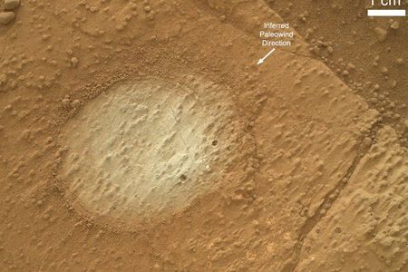 A closeup of one of the rocks, with a patch of dust brushed away by Curiosity's instruments, that provides evidence of an ancient lake.