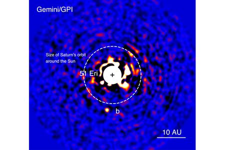 51 Eridani b, the bright dot at the bottom, glows in near-infrared light in this image taken by the Gemini Planet Imager on December 18, 2014. 