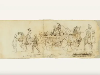 Attributed to artist Pierre Eug&egrave;ne du Simiti&eacute;re,&nbsp;the drawing depicts the Continental Army&rsquo;s North Carolina Brigade marching through Philadelphia on August 25, 1777.