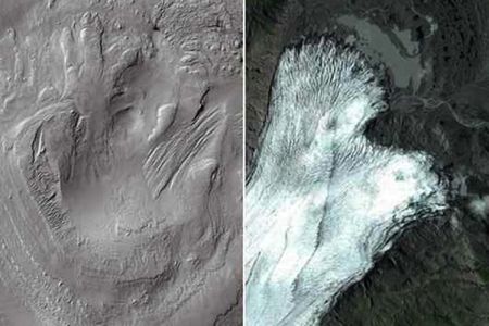 Glaciers past and present: (left) remnant morphologies shaped by past glacial activity on Aeolis Mons on Mars, and (right) Breiðamerkurjökull glacier in Iceland.