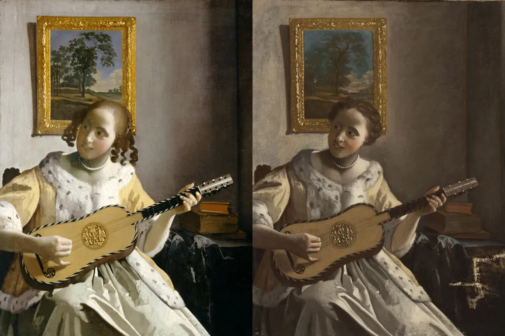 Johannes Vermeer's signed painting The Guitar Player (left) and its mysterious doppelgänger (right)