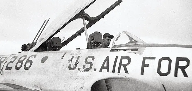 Airman George Johnson (in a T-33 in late 1955) spent hundreds of hours maintaining Sabrejets and much less time flying one.