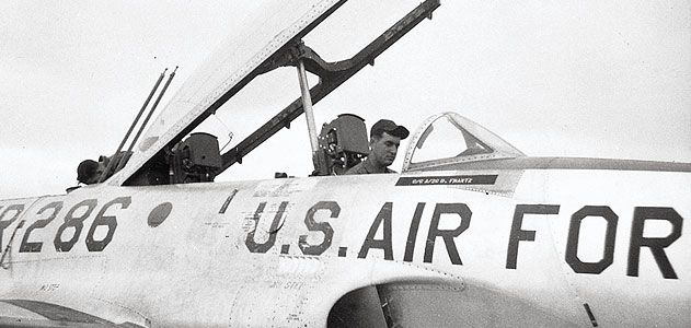 Airman George Johnson (in a T-33 in late 1955) spent hundreds of hours maintaining Sabrejets and much less time flying one.