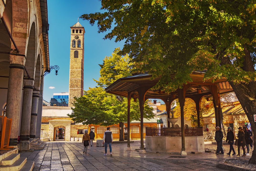 The courtyard of the Gazi Huzrev Beg Mosque in Sarajevo, Bosnia & Herzegovina