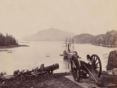 View of the S.S.&nbsp;Pacific&nbsp;anchored near Fort Tongass in Alaska in 1868
