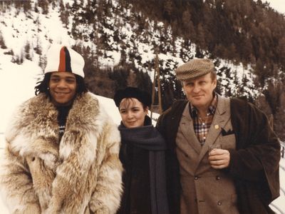Jean Michel-Basquiat, Brook Bartlett and Bruno Bischofberger in St. Moritz on January 30, 1983