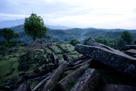 The sun rises over the Gunung Padang in Java, Indonesia.