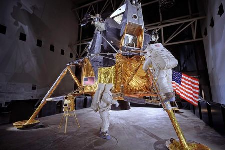 While the Apollo lunar module is a real test vehicle, it has been modified to look like the Apollo 11 lander for display.
