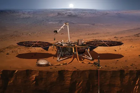 An artist’s depiction of InSight with the Mole, on the right, firmly embedded in the soil. If only.