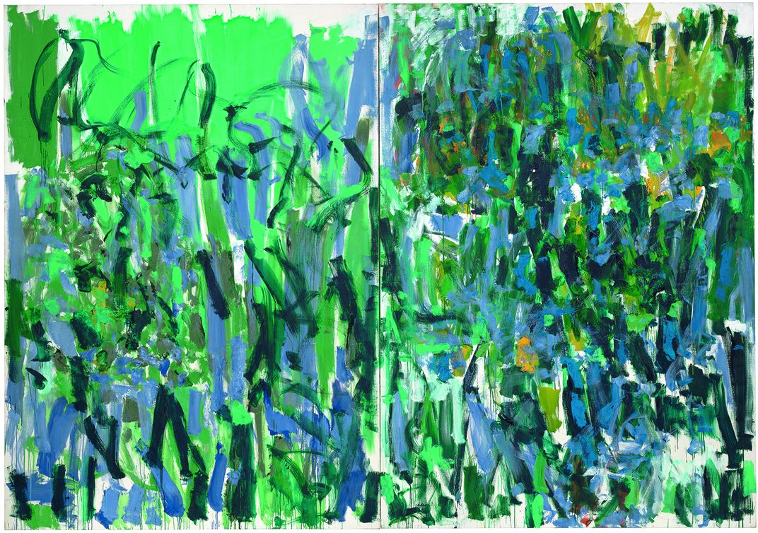 an abstract painting full of shades of blue and green