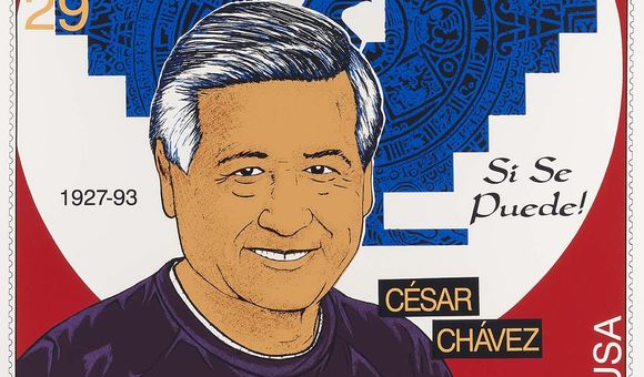 Portrait of Cesar Chavez in the style of a U.S. postage stamp