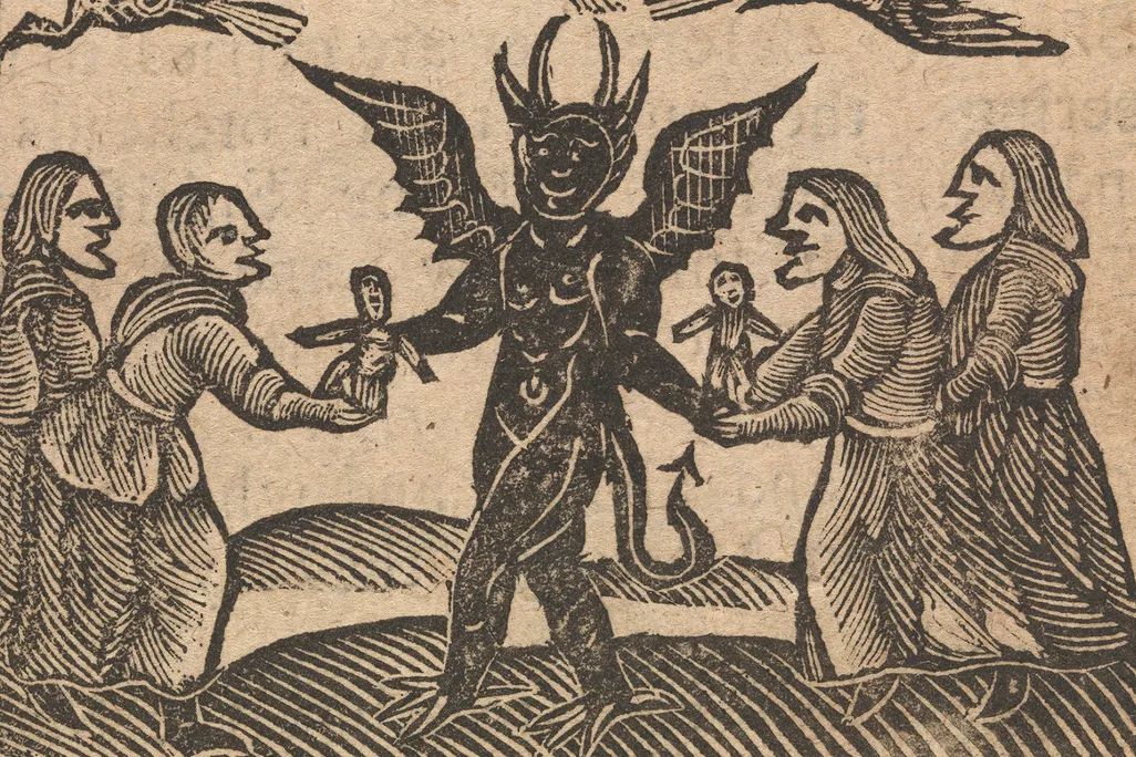 An illustration from the 1720 text The History of Witches and Wizards​​​​​​​, featuring witches offering wax dolls to the devil as part of a ritual