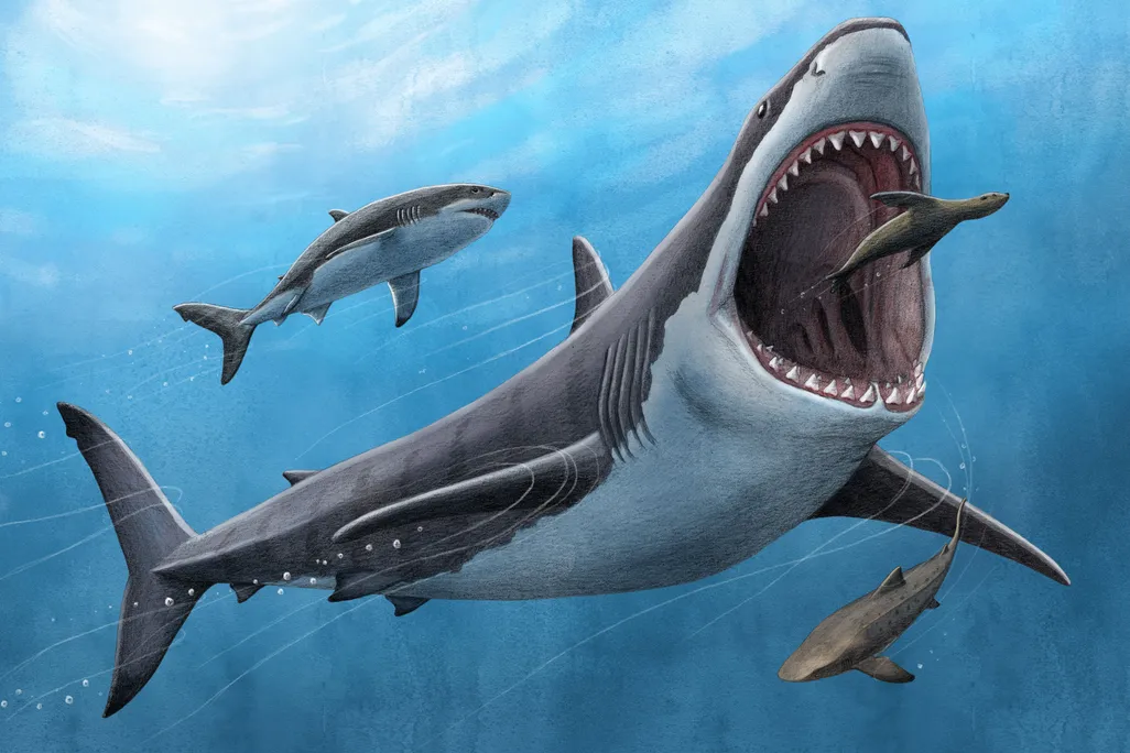 a drawing of a massive megalodon eating a sea lion-like animal with smaller sharks nearby