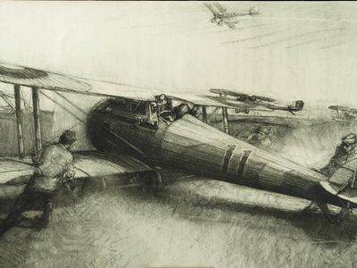 Harry Townsend sketched crews pushing aircraft into position after an alert.