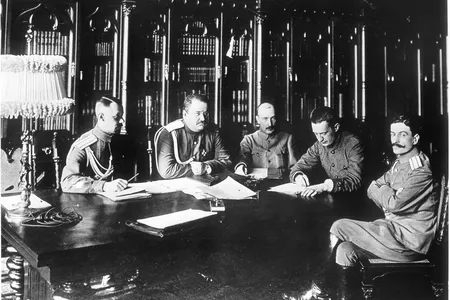 Alexander Kerensky, as Minister of War, meets with other military officials.