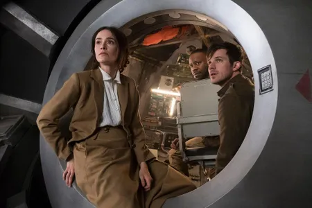 Abigail Spencer as Lucy Preston, Malcolm Barrett as Rufus Carlin, and Matt Lanter as Wyatt Logan travel to 1918 in the first episode of season two of "Timeless"