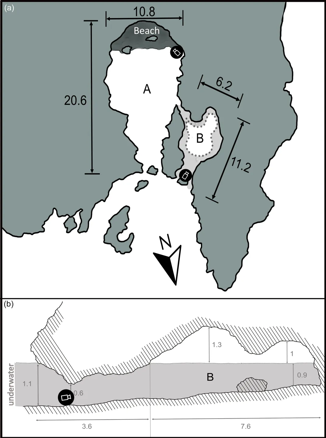 A map showing a cave on an island