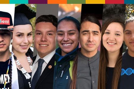 Hip-hop artist Frank Waln contributes a musical performance. From left to right: Musician Frank Waln; panelists Brook Thompson, Dylan Baca, Lina Krueck, Julian Brave NoiseCat, Michaela Pavlat, and Alberto Correa III.