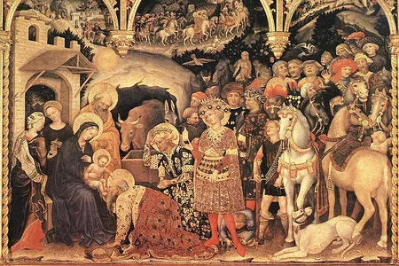 Gentile de Fabriano’s gold-encrusted 1423 “Adoration of the Magi” altarpiece features Arabic script on the Virgin Mary’s and Saint Joseph’s haloes