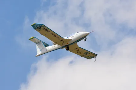 The E-Fan 2.0 completes a demonstration flight at the Farnborough International Airshow. 