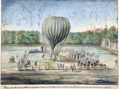 Jean-Pierre Blanchard ascends in his gas balloon on July 12, 1785, six months after he and John Jeffries crossed the English Channel in a similar flying machine