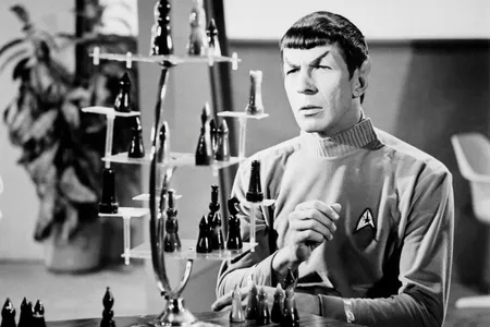 Leonard Nimoy in his role as Mr. Spock, the logical, pointed-eared First Officer from the planet Vulcan of the starship Enterprise, on the TV series "Star Trek."