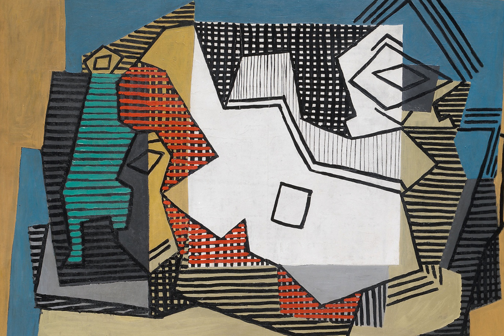 Picasso's 'Still Life' features the white outlines of a guitar in the center, with abstract, linear representations of a wine bottle and a small bowl on either side, all pictured from a bird's eye view