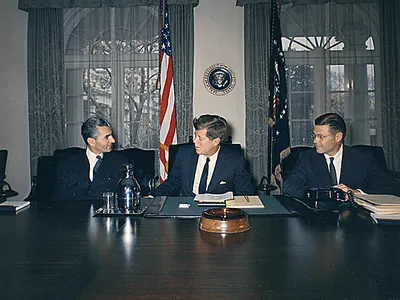 Iranian Shah Mohammad Reza with President Kennedy and Secretary of Defense Robert McNamara in 1962