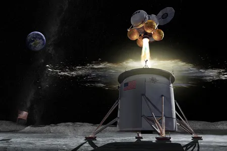 An ascent stage lifts off from the moon, leaving the descent stage behind in this NASA depiction of a future human-rated lander. The agency says it’s open to other configurations, too.