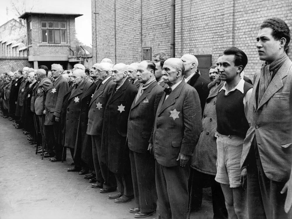 Jews wearing yellow stars at the Kistarcsa concentration camp in Hungary in 1944