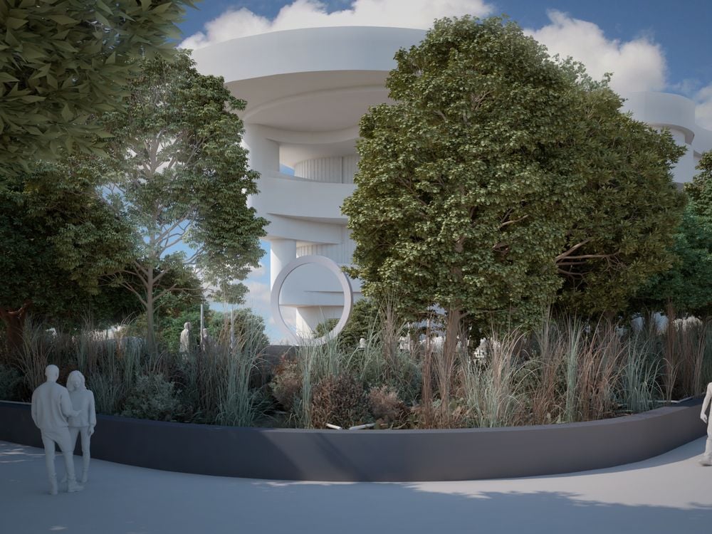A design drawing shows the standing metal ring of the National Native American Veterans Memorial as it will be seen from the southeast corner of the National Mall, between the Capitol Building and the National Museum of the American Indian. (Design by Harvey Pratt/Butzer Architects and Urbanism, illustration by Skyline Ink, courtesy of the Smithsonian's National Museum of the American Indian)