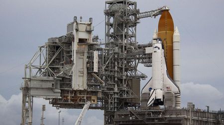 The space shuttle Atlantis, ready for liftoff.