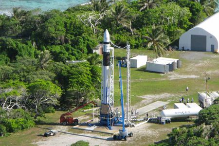 Falcon 1 on the launch pad at Kwajalein.