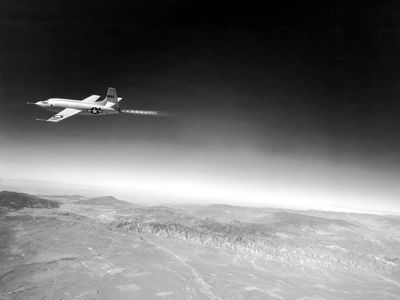 The Bell X-1 “Glamorous Glennis,” shown here in flight over the Mojave Desert in October 1947, the same month it broke the sound barrier, would likely make anyone’s Top 25 list.