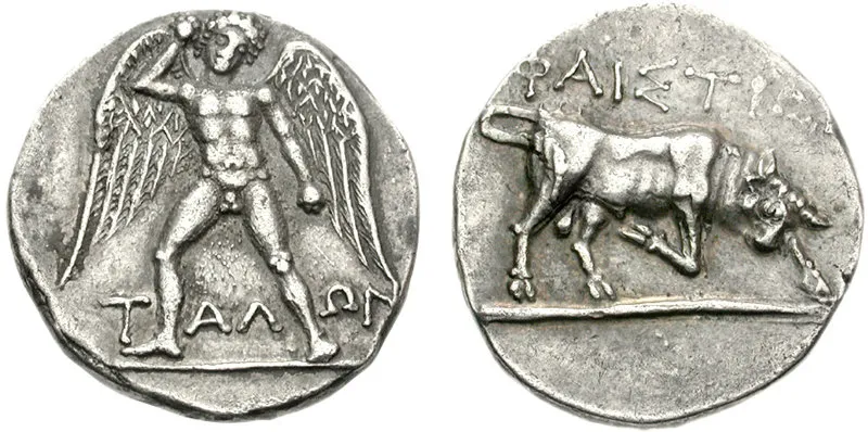 A coin depicting Talos (left) and a bull (right)