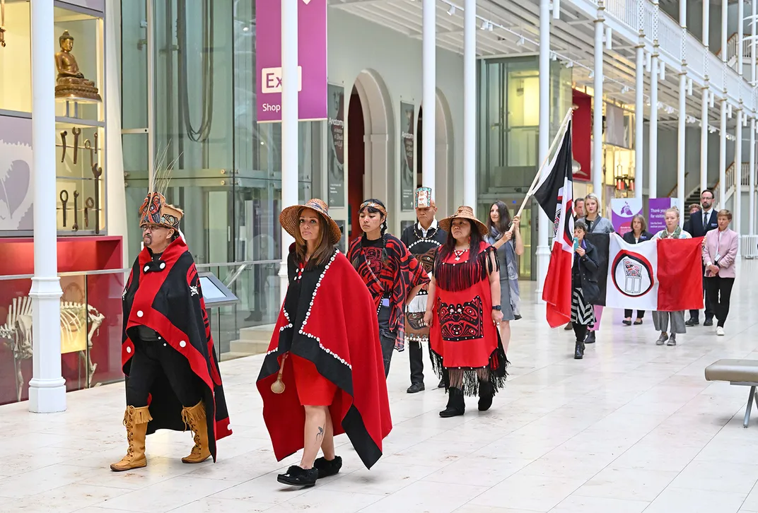 Nisga’a delegation led by Sim’oogit Ni’isjoohl (Earl Stephens) and Sigidimnak’ Nox Ts’aawit (Amy Parent) at the National Museum of Scotland