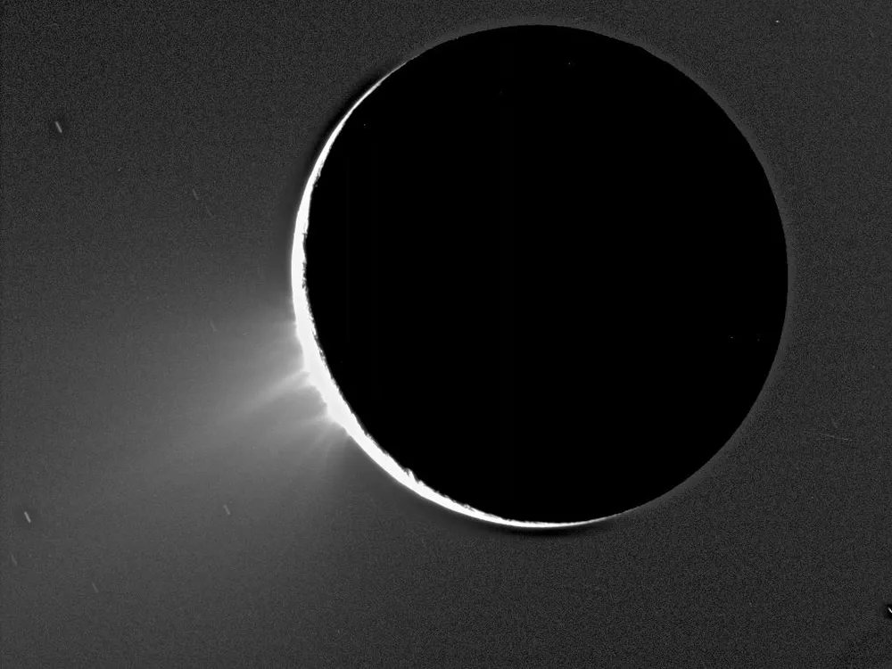 A photo of water ice plumes spewing from Saturn's moon Enceladus taken by NASA's Cassini spacecraft 