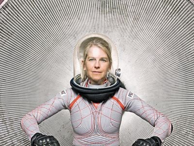 Dava Newman models her fashionable BioSuit, which would provide life-sustaining pressure via compression threads woven into the fabric.