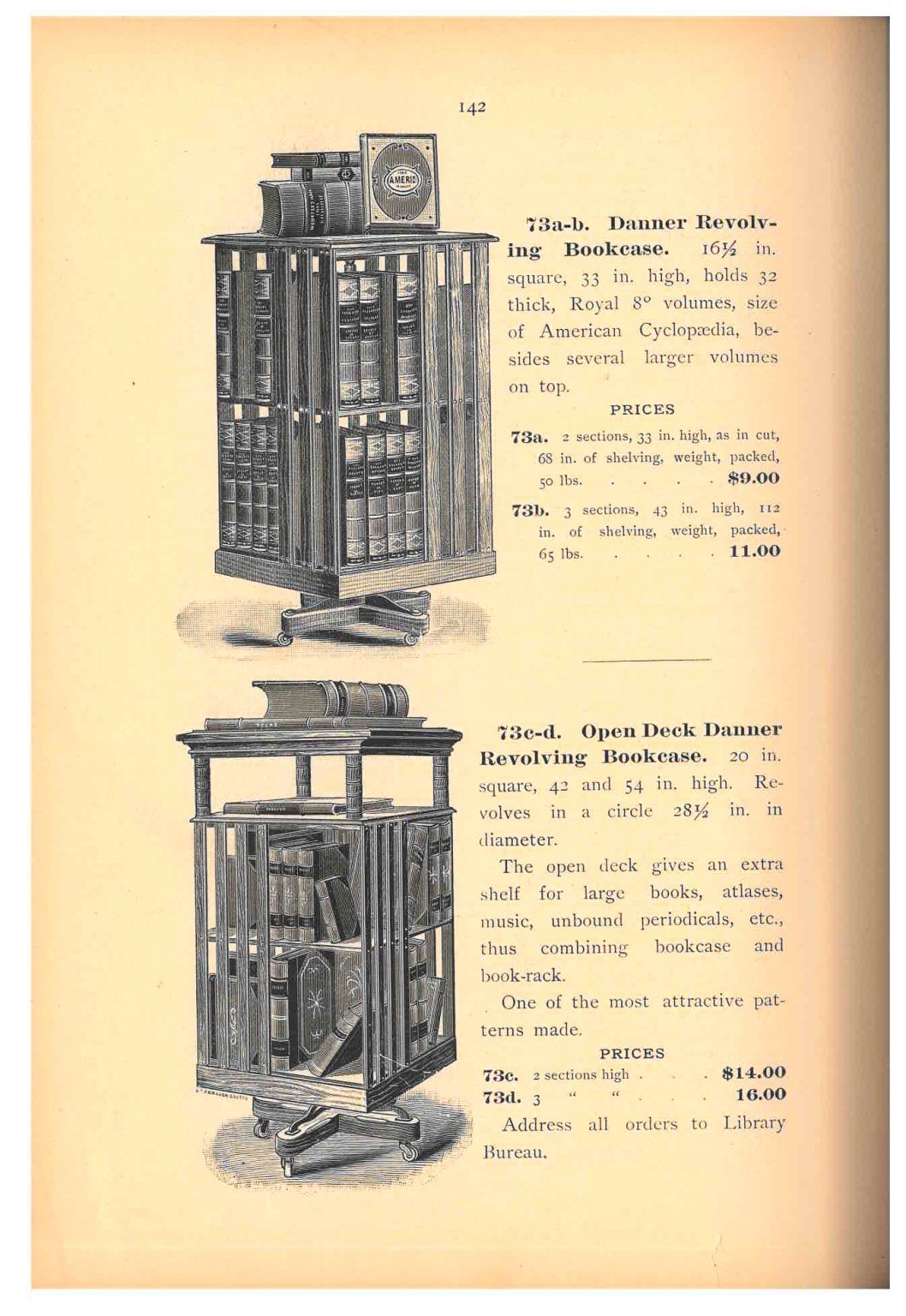 Trade catalog illustration of two revolving bookcases.