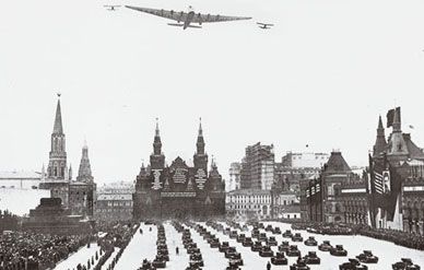 The Maxim Gorky, an enormous eight-engine Tupolev ANT-20, struck awe in those who watched its propaganda flights over Red Square (below).